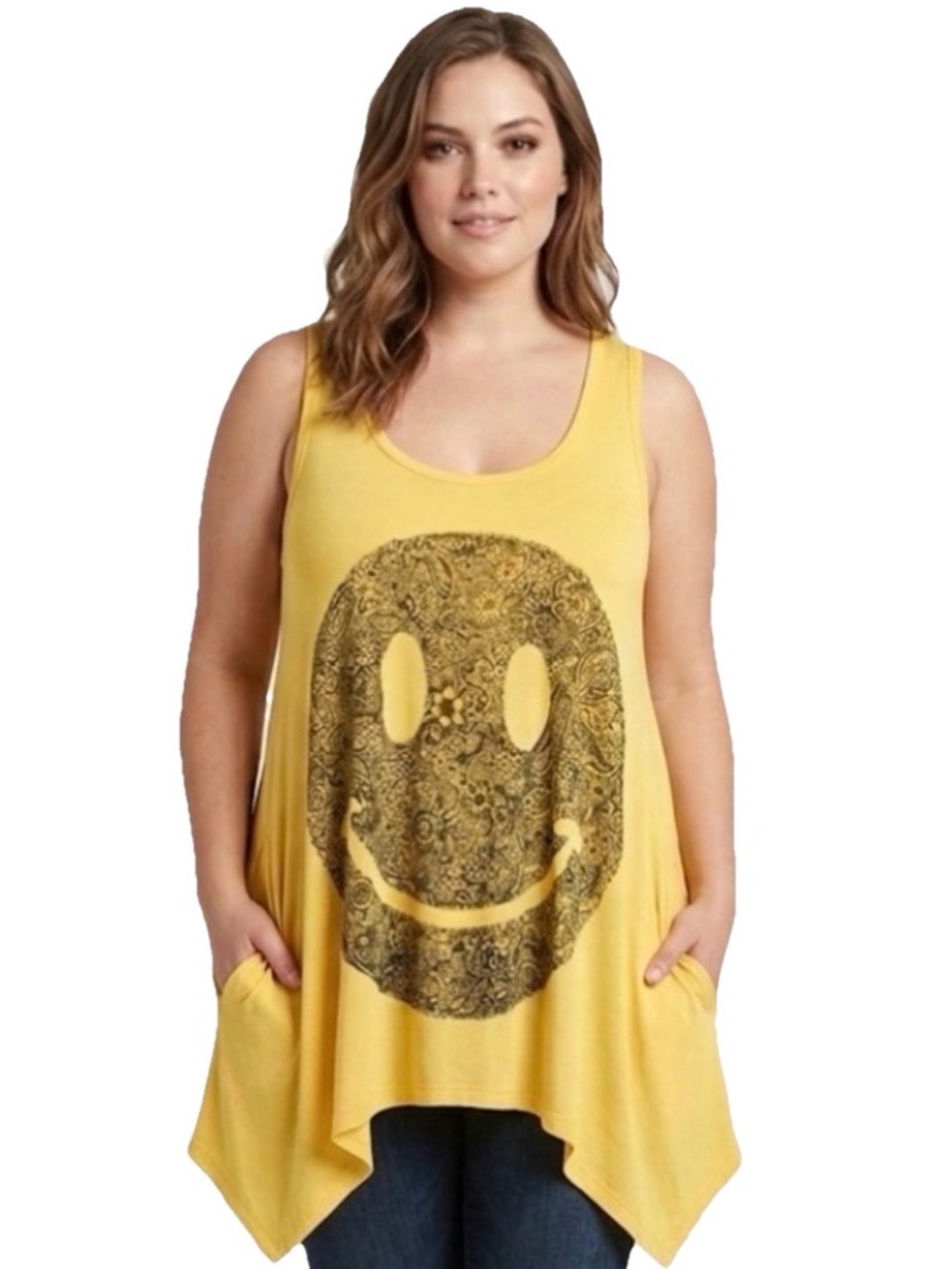 Lauren Moshi Smiley Face Women’s Yellow Pocketed Tank Top Size Medium